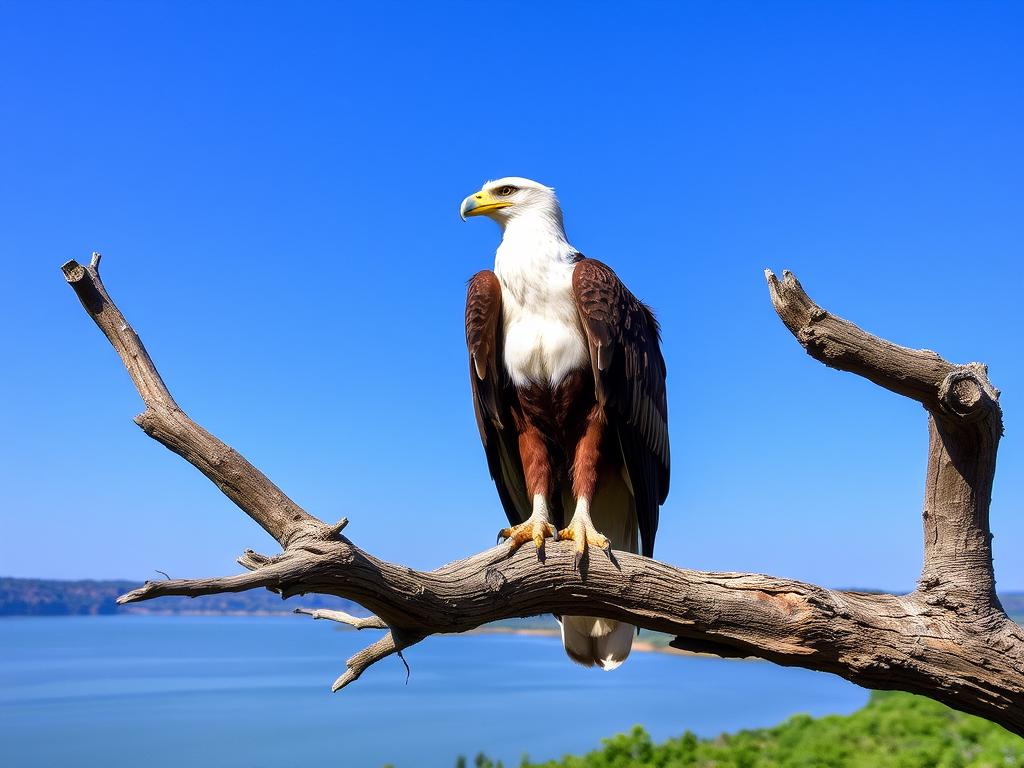 African Fish Eagle perched on a tree branch overlooking Lake Mburo African Fish Eagle perched on a tree branch overlooking Lake Mburo