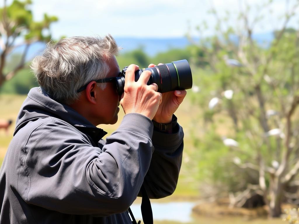 Birdwatcher photographing birds in Kidepo Valley National Park Birdwatcher photographing birds in Kidepo Valley National Park