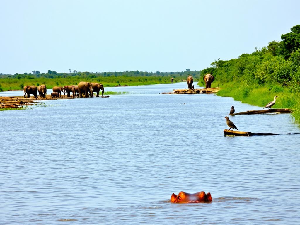 Boat cruise on Kazinga Channel with hippos and elephants visible along the shores