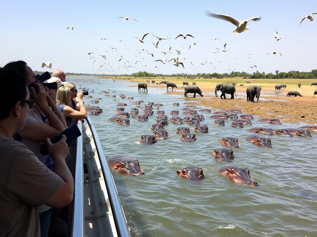 Boat cruise on Kazinga Channel with tourists photographing wildlife