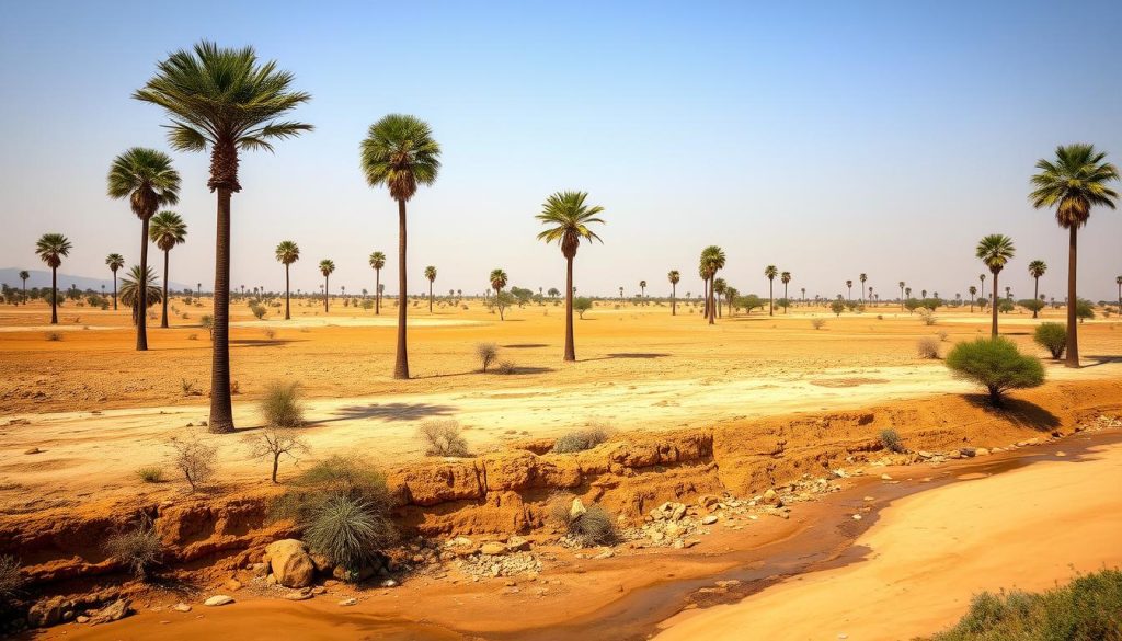 Borassus palms in Kidepo Valley with sand river during dry season Borassus palms in Kidepo Valley with sand river during dry season