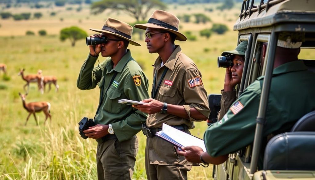 Conservation efforts in Lake Mburo National Park showing rangers monitoring wildlife Conservation efforts in Lake Mburo National Park showing rangers monitoring wildlife