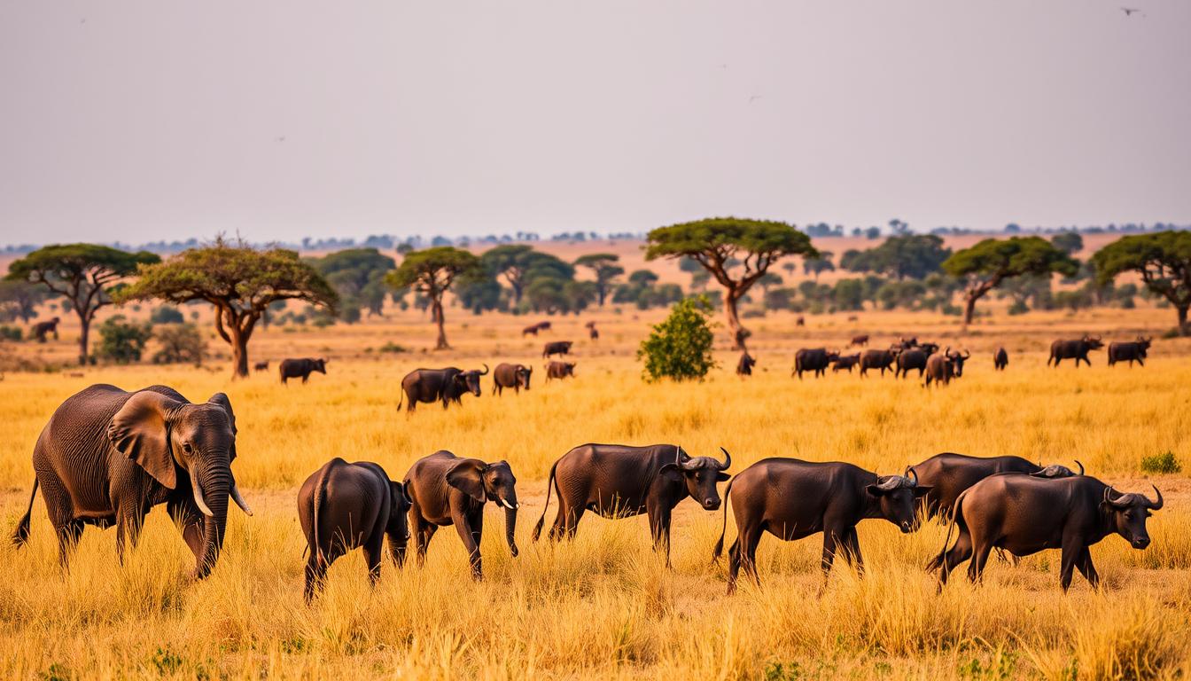 Diverse wildlife in Queen Elizabeth National Park including elephants, buffaloes, and antelopes