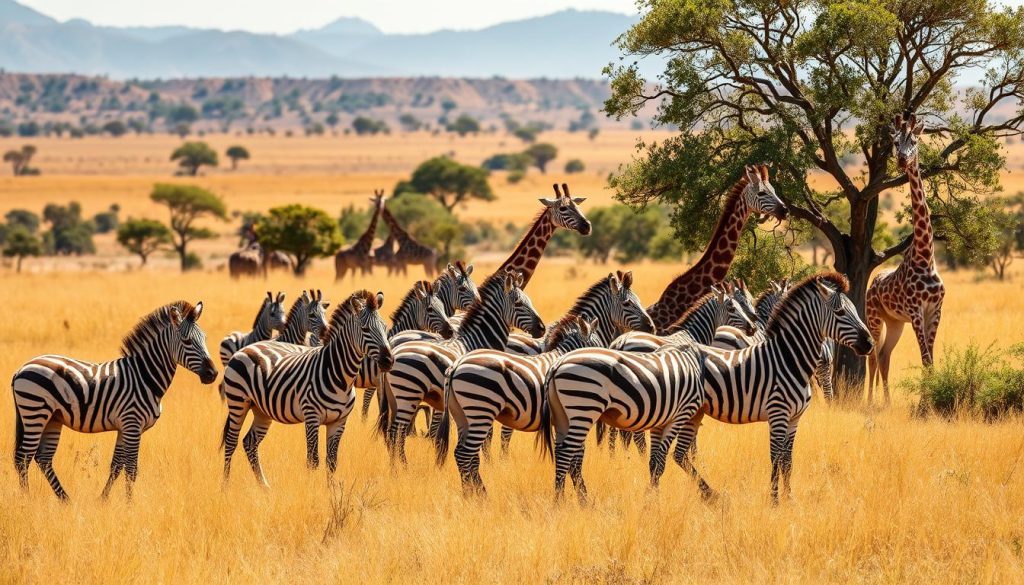 Herd of zebras and giraffes together in Kidepo Valley National Park Herd of zebras and giraffes together in Kidepo Valley National Park