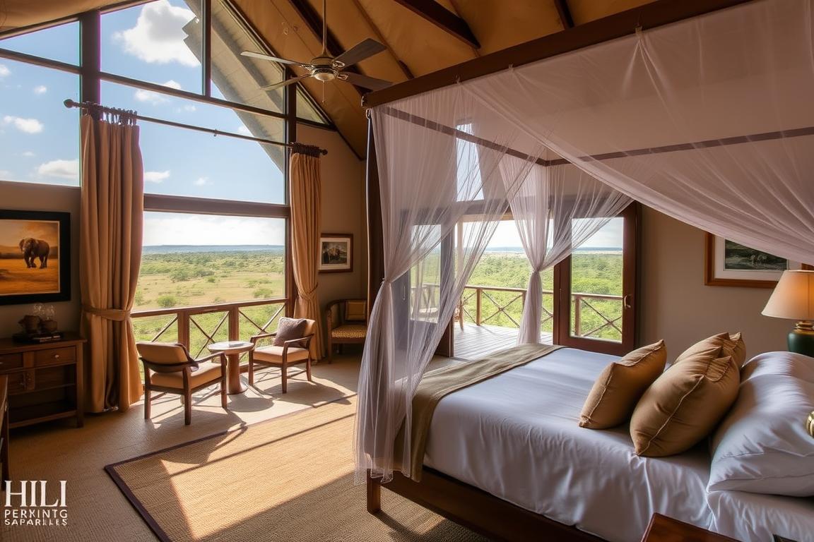 Interior of a safari lodge room in Queen Elizabeth National Park