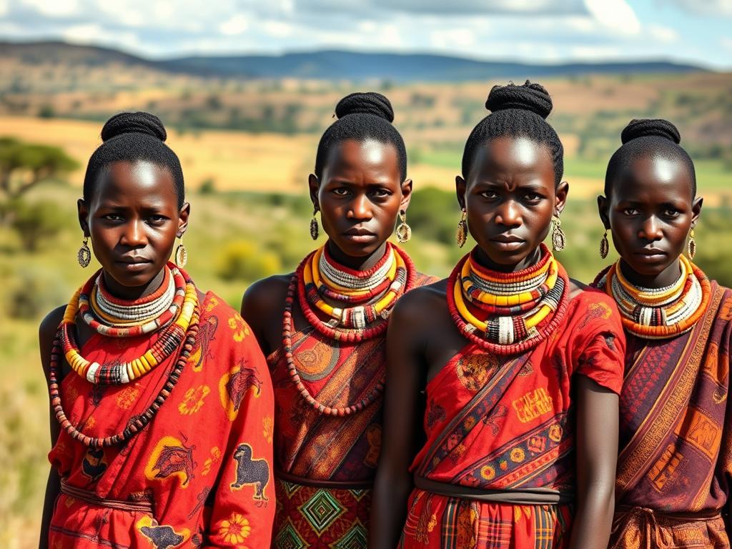 Karamojong people in traditional dress near Kidepo Valley National Park Karamojong people in traditional dress near Kidepo Valley National Park