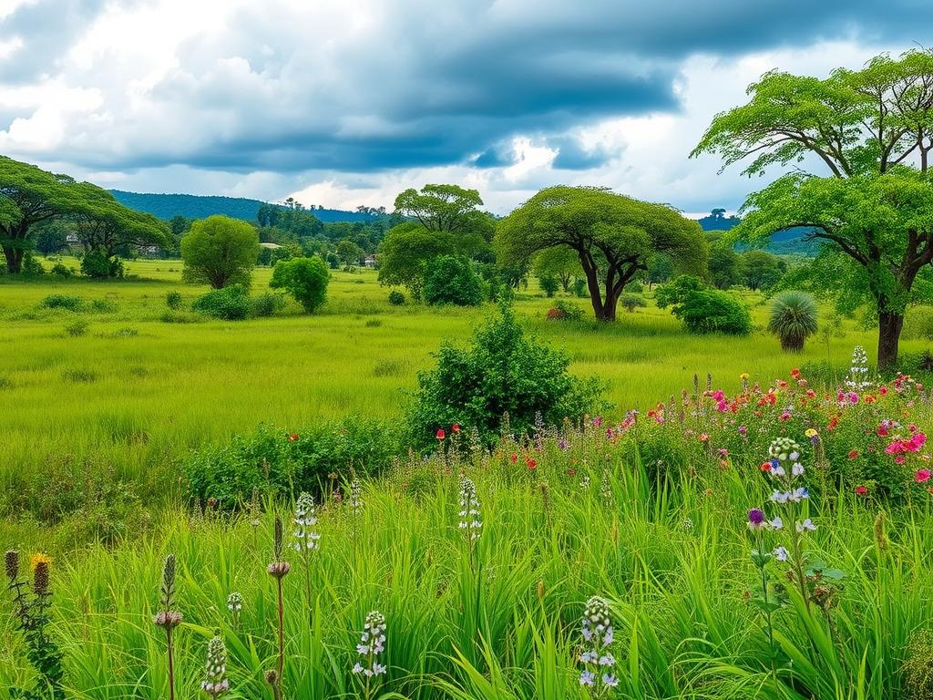 Lush green landscape of Kidepo Valley National Park during wet season with wildflowers Lush green landscape of Kidepo Valley National Park during wet season with wildflowers