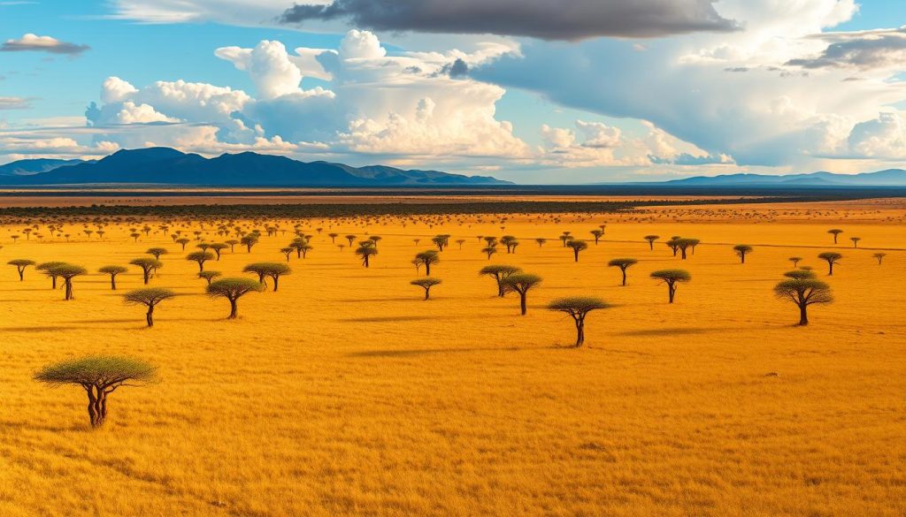 Panoramic view of Kidepo Valley National Park savannah with acacia trees and mountains in the background Panoramic view of Kidepo Valley National Park savannah with acacia trees and mountains in the background