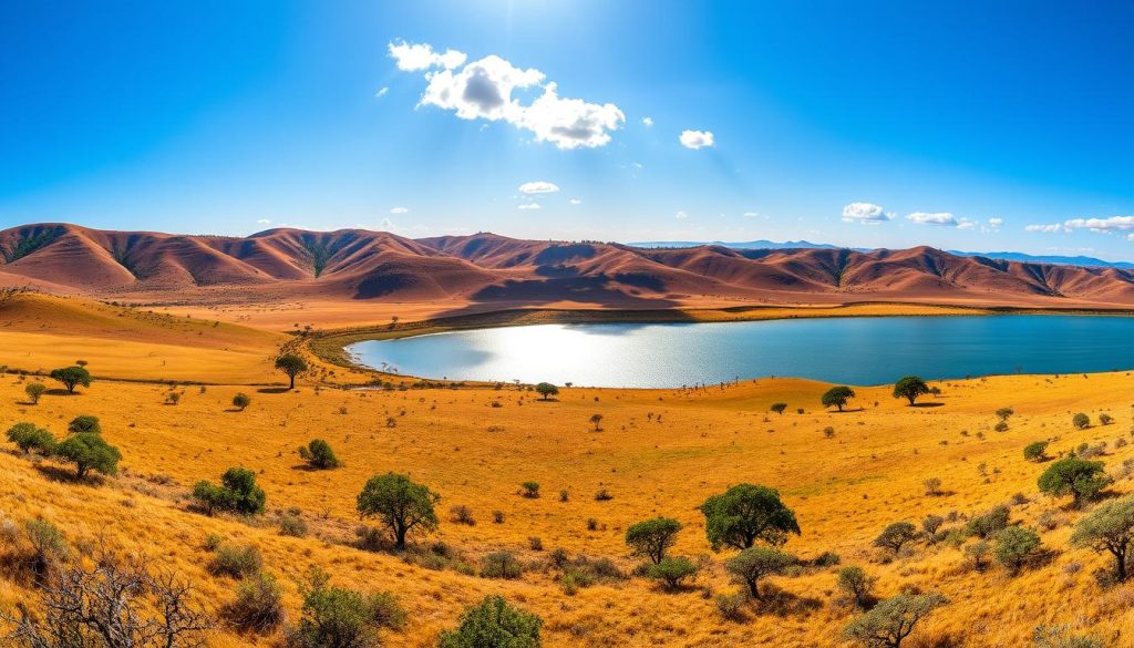 Panoramic view of Lake Mburo National Park showing acacia savannah and the lake