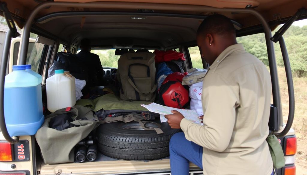 Safari vehicle and equipment prepared for a trip to Kidepo Valley National Park Safari vehicle and equipment prepared for a trip to Kidepo Valley National Park