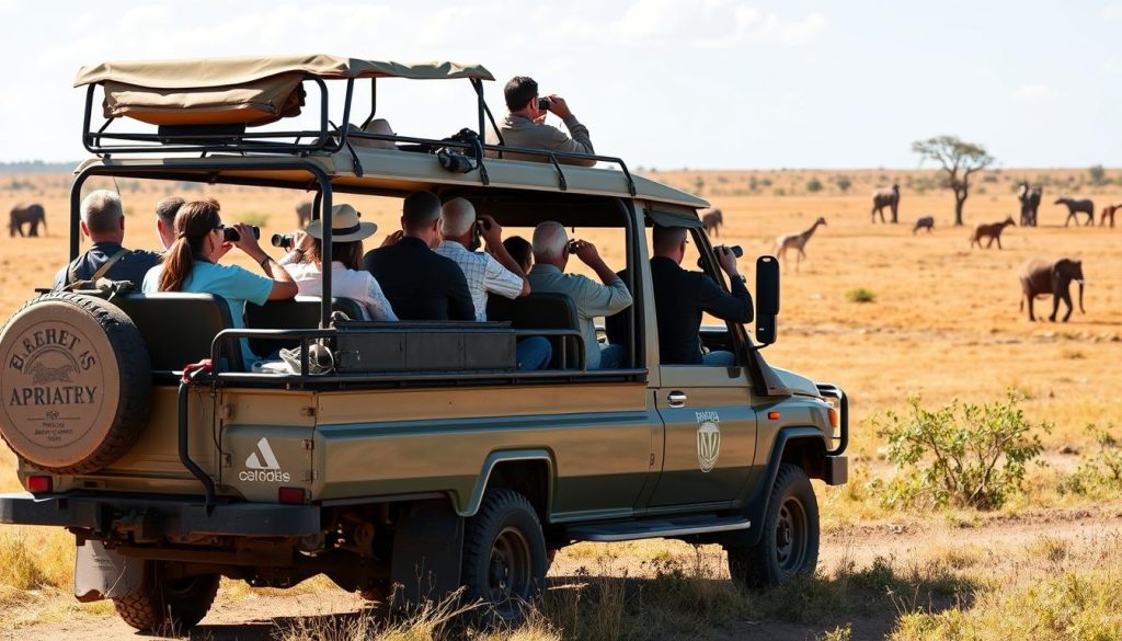 Safari vehicle on game drive in Kidepo Valley National Park with tourists photographing wildlife Safari vehicle on game drive in Kidepo Valley National Park with tourists photographing wildlife
