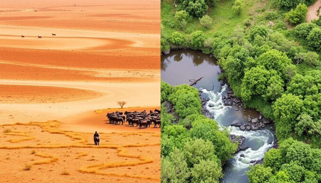 Seasonal contrast in Kidepo Valley National Park showing dry and wet season landscapes Seasonal contrast in Kidepo Valley National Park showing dry and wet season landscapes