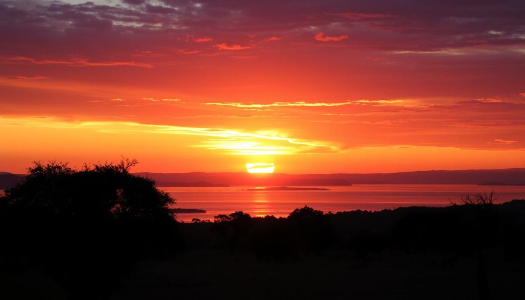 Sunset over Lake Mburo National Park with wildlife silhouettes Sunset over Lake Mburo National Park with wildlife silhouettes