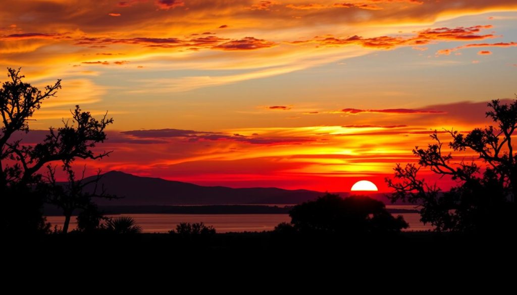Sunset over Lake Mburo with wildlife silhouettes