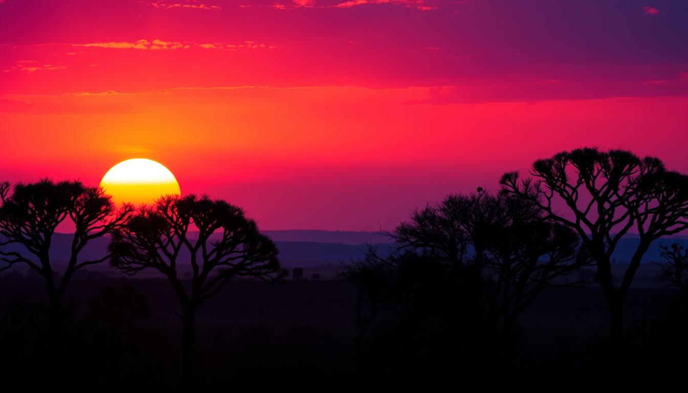 Sunset over Queen Elizabeth National Park with silhouettes of acacia trees and wildlife