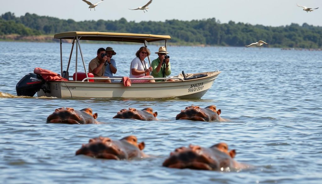 Tourists enjoying a boat safari on Lake Mburo with hippos visible in the water Tourists enjoying a boat safari on Lake Mburo with hippos visible in the water