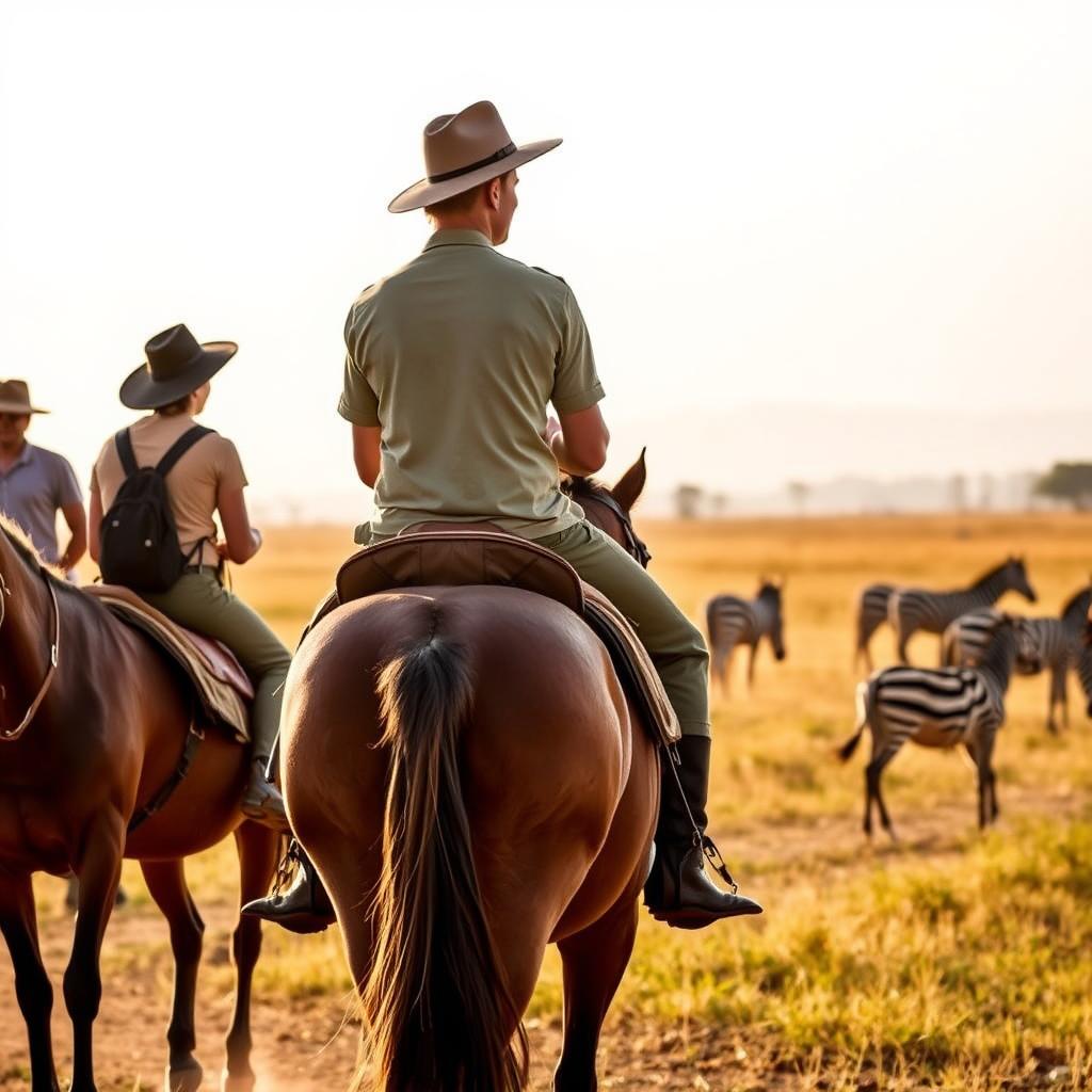 Tourists on horseback safari among zebras in Lake Mburo National Park