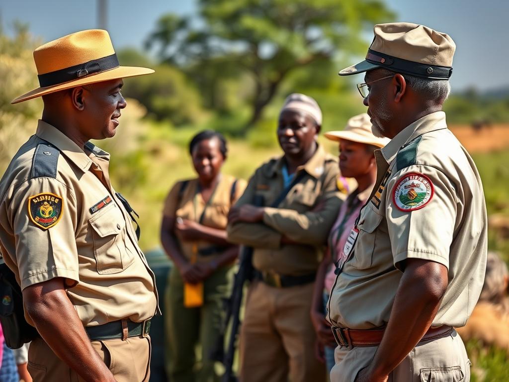 Uganda Wildlife Authority ranger guide explaining wildlife to tourists in Kidepo Uganda Wildlife Authority ranger guide explaining wildlife to tourists in Kidepo