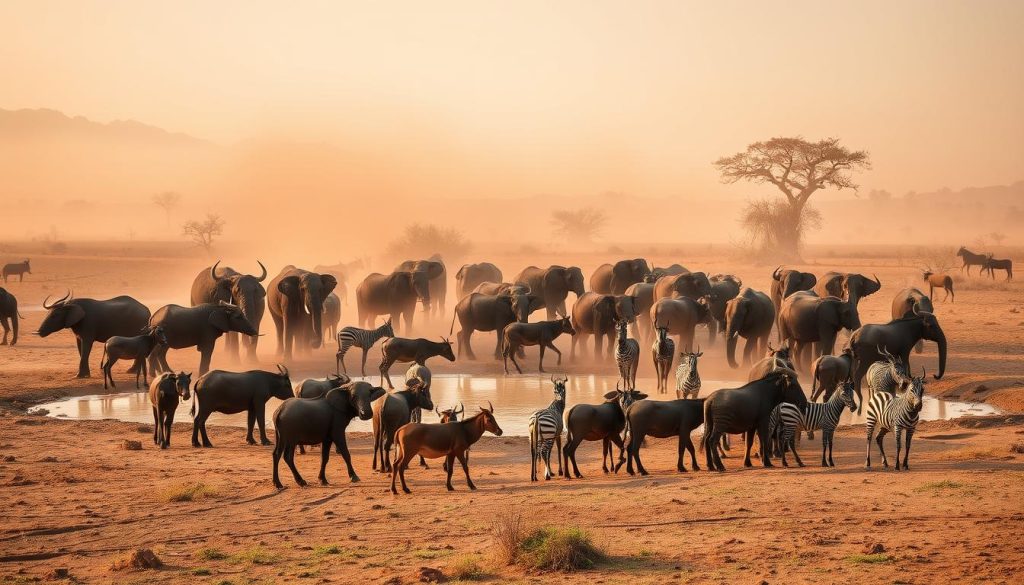 Wildlife gathering at a waterhole in Narus Valley during dry season Wildlife gathering at a waterhole in Narus Valley during dry season