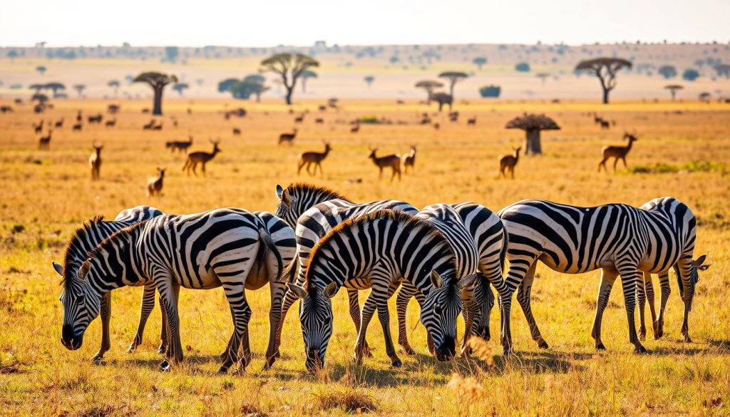 Zebras grazing in Lake Mburo National Park with impalas in the background Zebras grazing in Lake Mburo National Park with impalas in the background