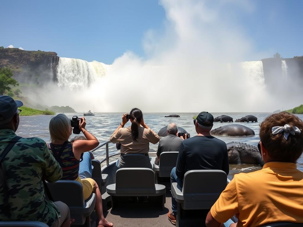 Boat safari approaching Murchison Falls with spray visible