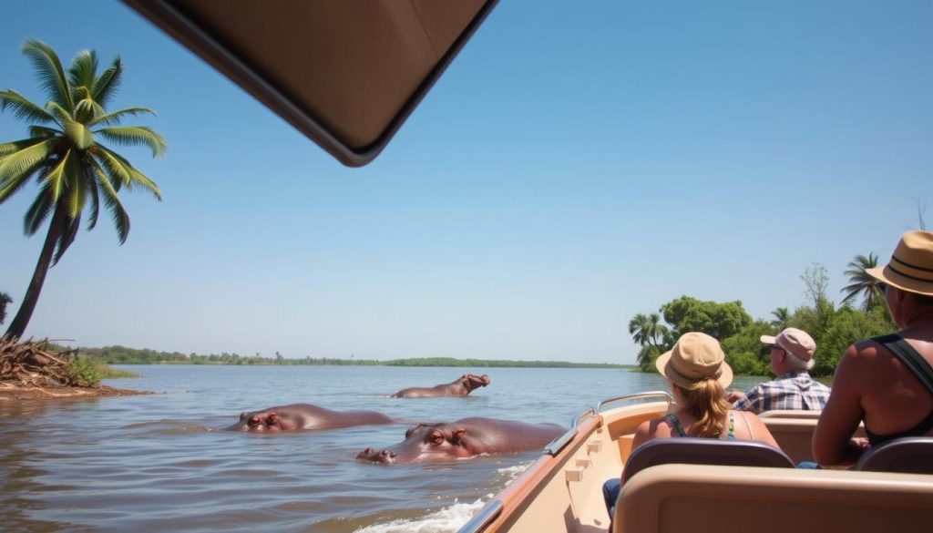 Boat safari on the Nile River with hippos visible in the water