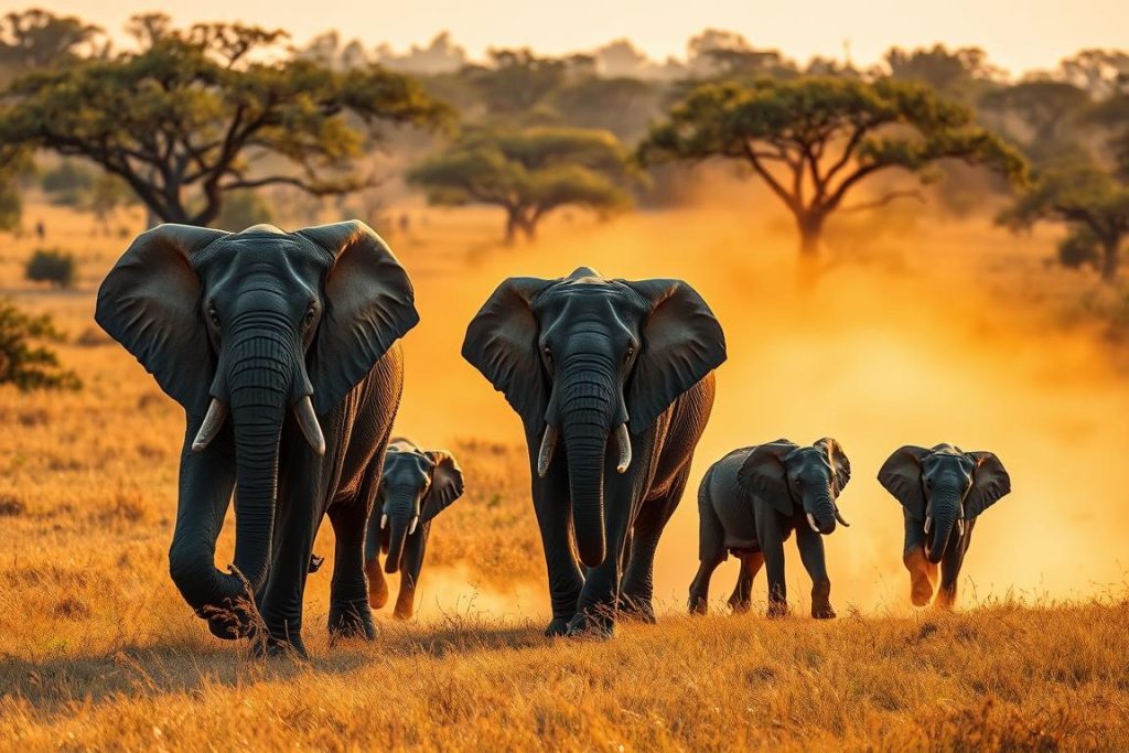Herd of elephants crossing the savannah in Murchison Falls National Park