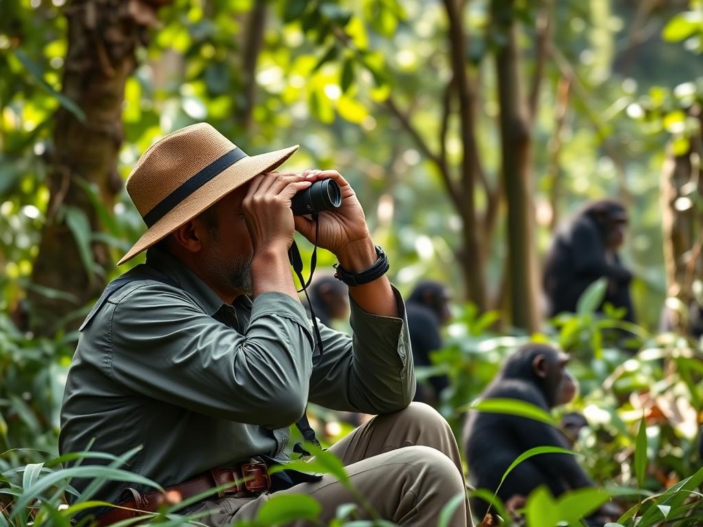 Researcher observing chimpanzee behavior during habituation process in Kibale Researcher observing chimpanzee behavior during habituation process in Kibale