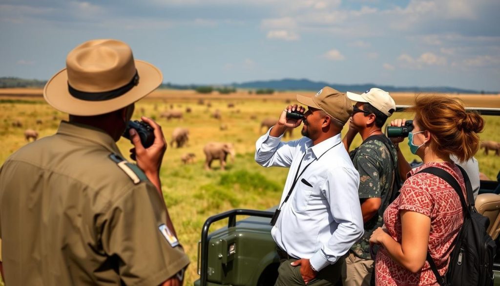 Safari guide explaining wildlife behavior to tourists in Murchison Falls National Park