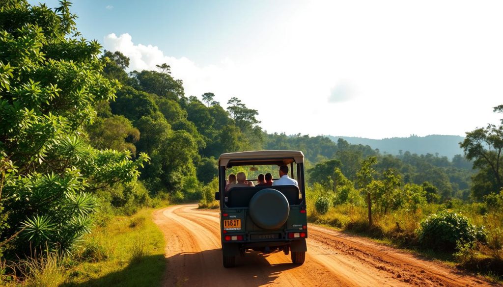Safari vehicle on road in Kibale National Park with tourists Safari vehicle on road in Kibale National Park with tourists