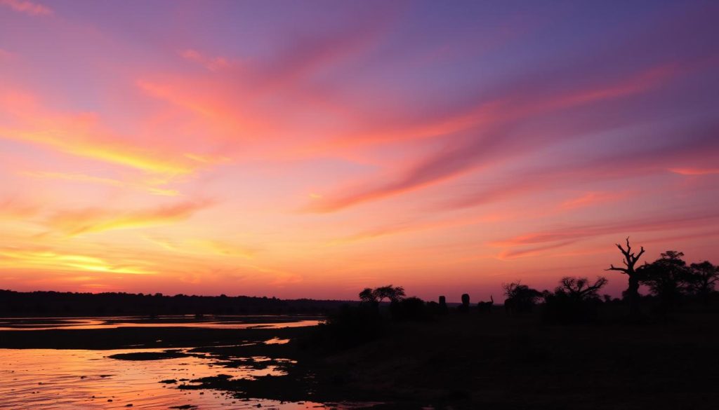 Sunset over the Nile River in Murchison Falls National Park with wildlife silhouettes