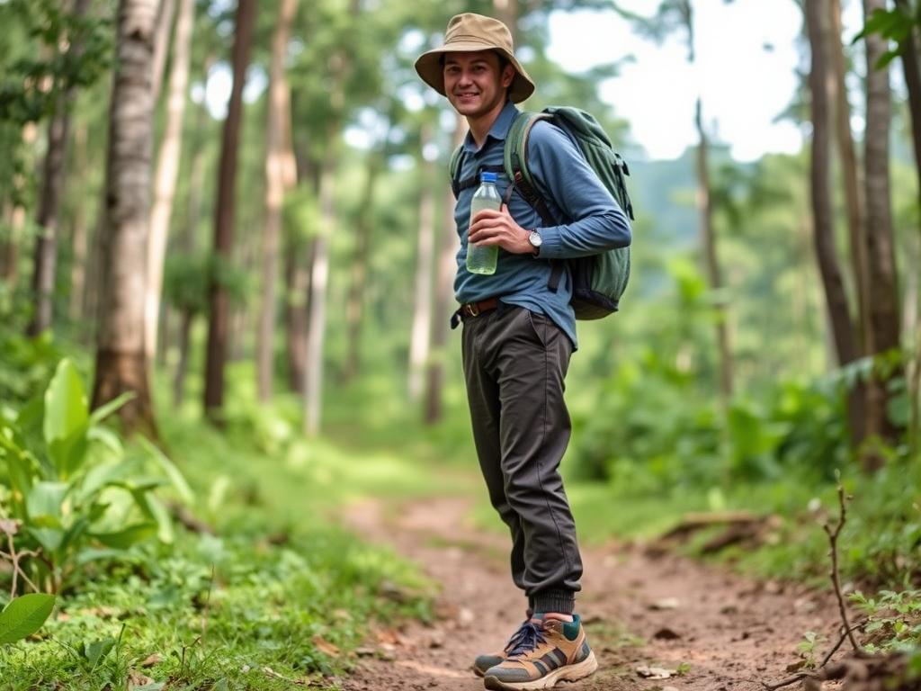 Tourist wearing appropriate hiking gear in Kibale National Park Tourist wearing appropriate hiking gear in Kibale National Park