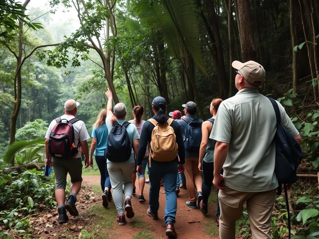 Tourists on a guided chimpanzee tracking tour in Kibale National Park