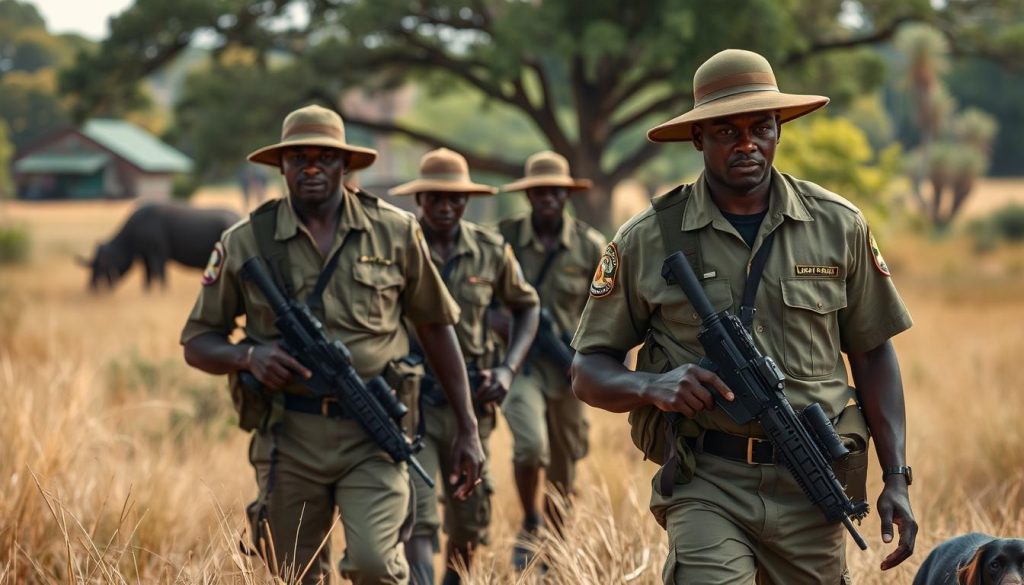 Uganda Wildlife Authority rangers on anti-poaching patrol in Murchison Falls National Park Uganda Wildlife Authority rangers on anti-poaching patrol in Murchison Falls National Park
