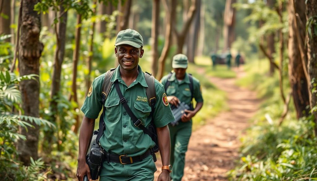 Uganda Wildlife Authority rangers on patrol in Kibale National Park Uganda Wildlife Authority rangers on patrol in Kibale National Park