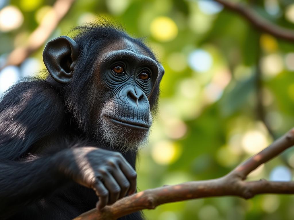 Wild chimpanzee in Kibale National Park sitting on a tree branch Wild chimpanzee in Kibale National Park sitting on a tree branch