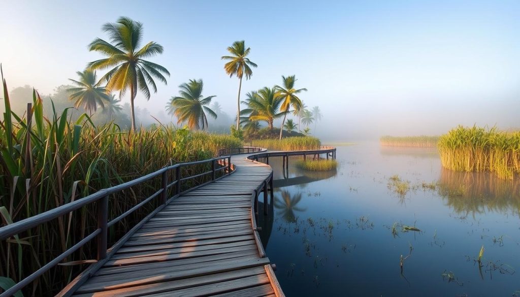 Wooden boardwalk through Bigodi Wetland Sanctuary near Kibale National Park Wooden boardwalk through Bigodi Wetland Sanctuary near Kibale National Park
