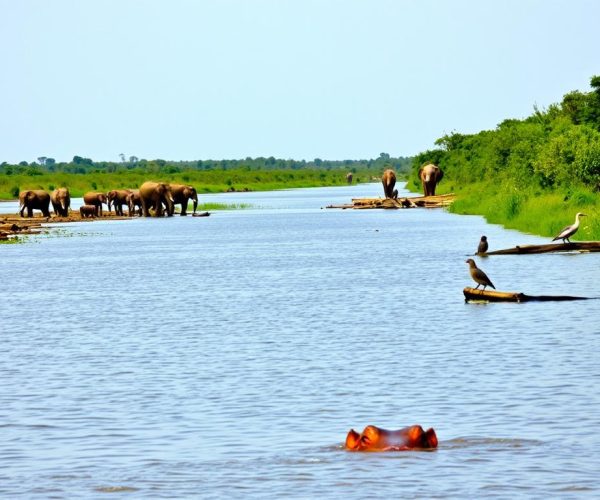 Boat cruise on Kazinga Channel with hippos and elephants visible along the shores